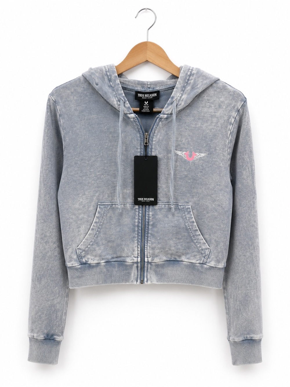 True Religion Hoodie Women's M Horseshoe Wing Faux Full Zip Denim-Look Fabric - Picture 2 of 10
